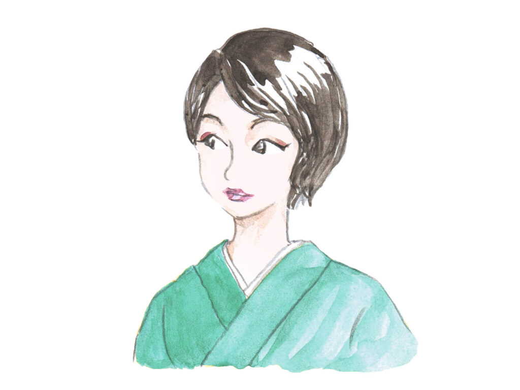 グリーンの着物を着た黒髪ショートヘアの女性イラスト